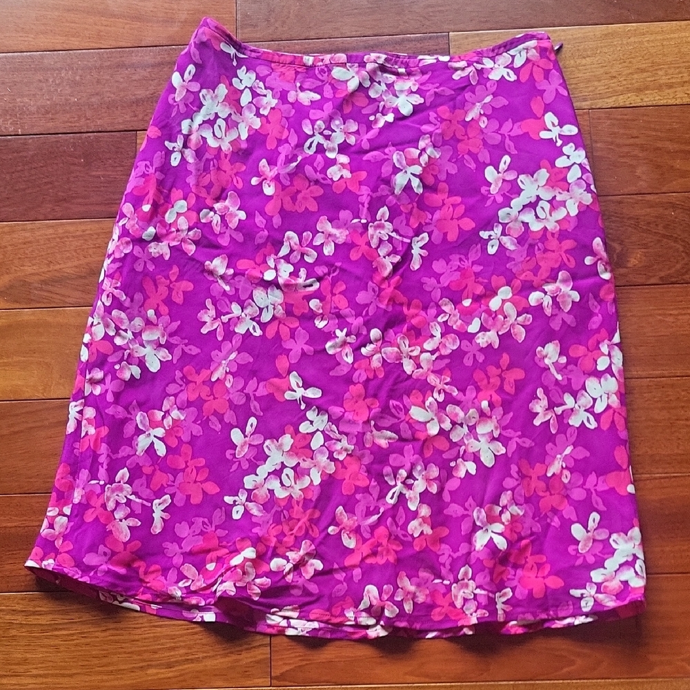 Ann Taylor Silk Pink Floral A-Line Knee-Length Skirt